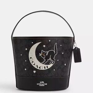 Coach Logo Black Cat On Moon Halloween Bucket Bag